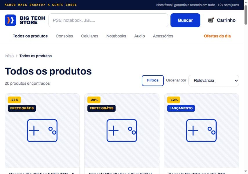 Catálogo da Big Tech Store, com filtros e ordenação dos produtos
