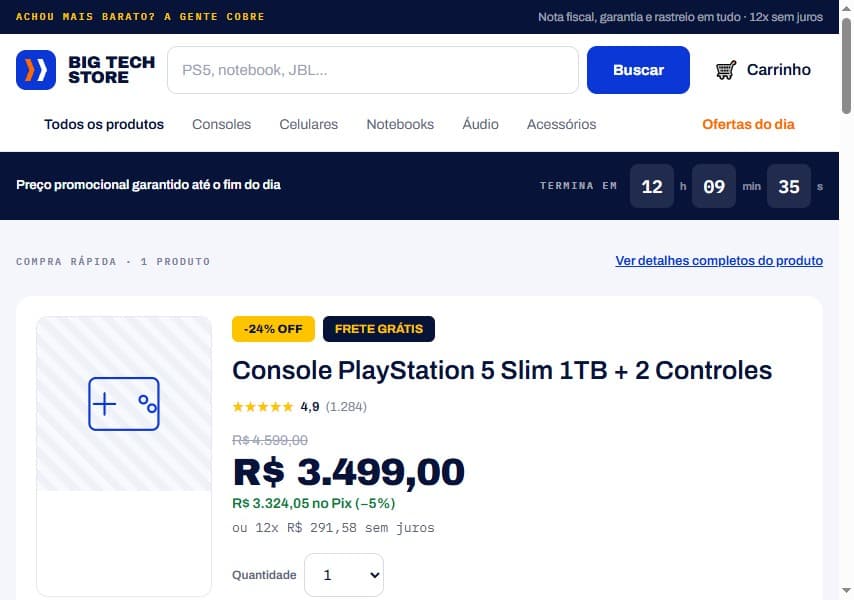 Tela de compra rápida da Big Tech Store, com preço no Pix e parcelamento