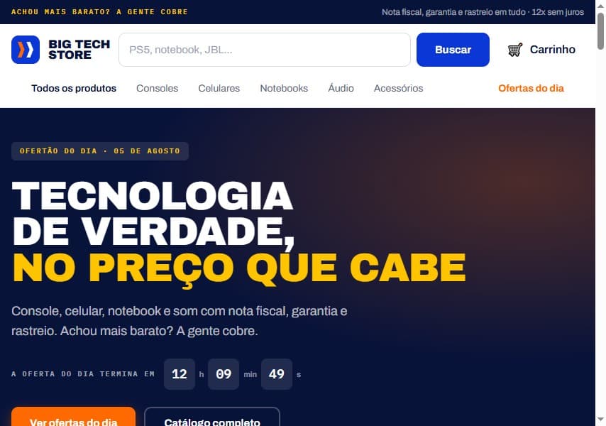 Tela inicial da Big Tech Store, com a oferta do dia e a contagem regressiva