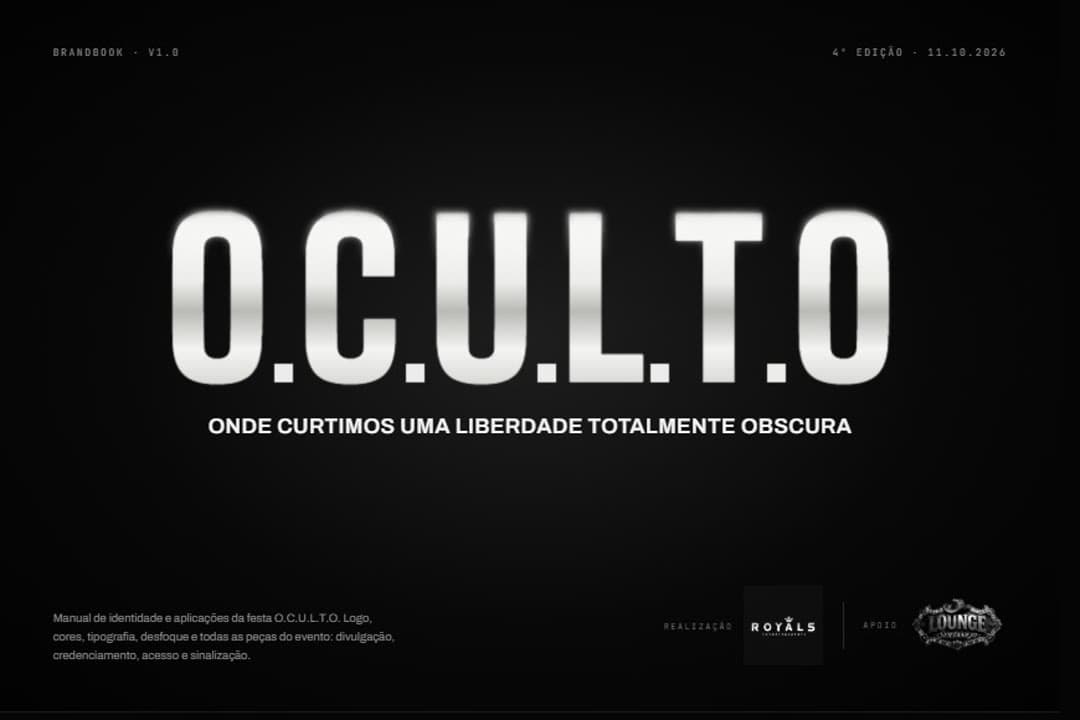 Capa do brandbook do O.C.U.L.T.O, com a logomarca em prata sobre preto