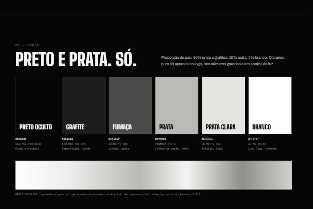 Página de cores do brandbook do O.C.U.L.T.O: preto e prata