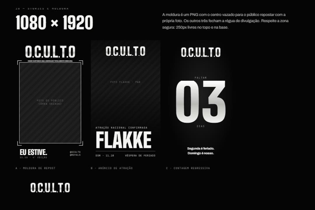 Página de stories e moldura do brandbook do O.C.U.L.T.O